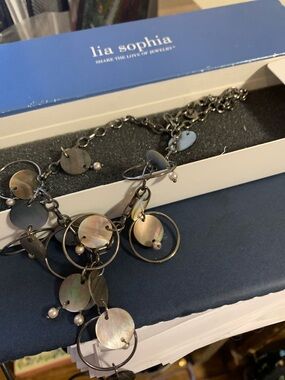 Lia Sophia Iridescent Disc Necklace with Pearl Accents in gift box